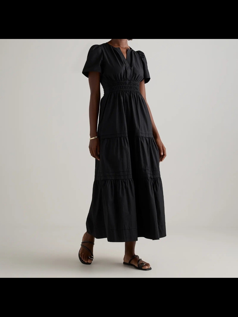 Quince Organic Cotton Poplin Tiered Maxi Dress S Black Puff Sleeves Parisian